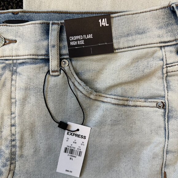 Express High Waisted Light Wash Raw Hem Cropped Flare Jeans - Picture 2 of 5